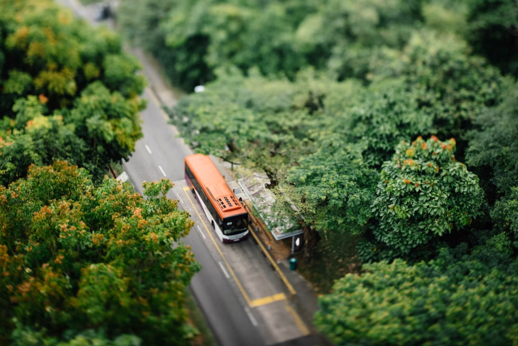 bus amoung green trees landscape