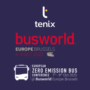 Logo of Tenix alongside the Busworld Europe logo, promoting the event taking place in Brussels from October 4-9, 2025, featuring the European Zero Emission Bus Conference from October 7-9