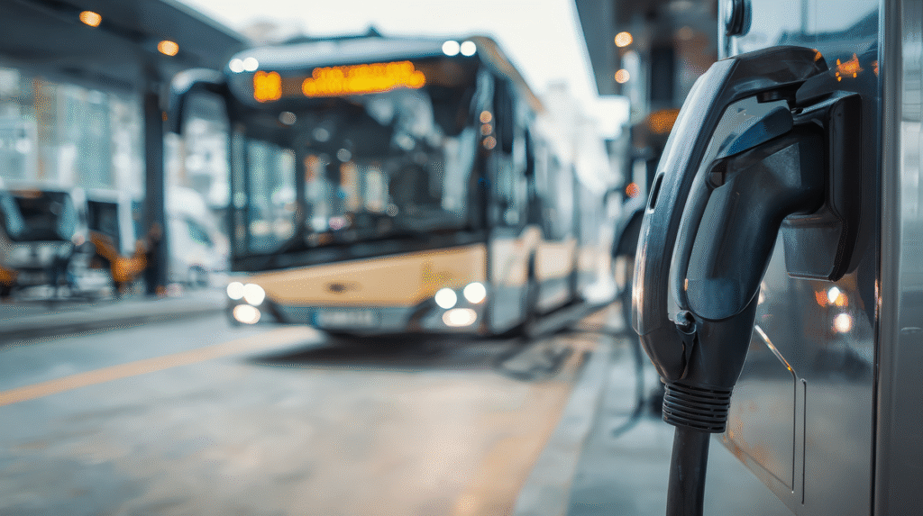 Electric bus approaching a charging station, illustrating battery health monitoring for electric bus fleets with Tenix Charge.