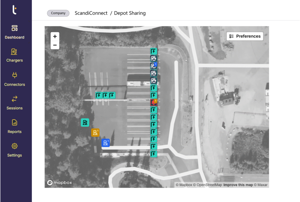 Available chargers displayed in the Tenix Charge dashboard for controlled depot sharing