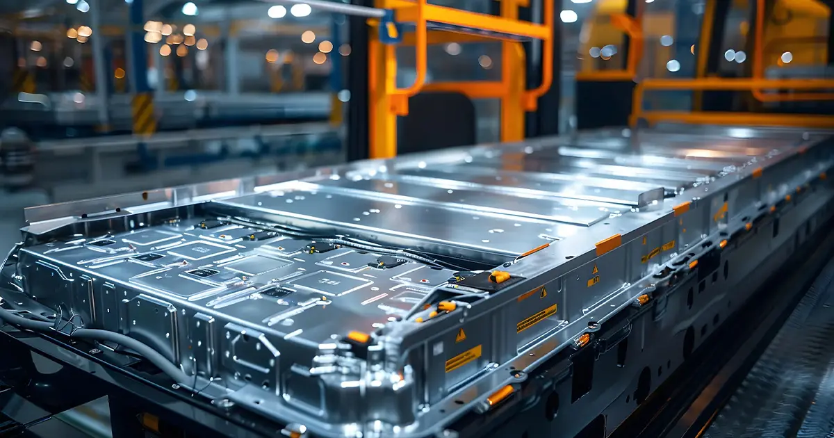 Electric vehicle battery pack being inspected, representing the Tenix battery health monitoring service.
