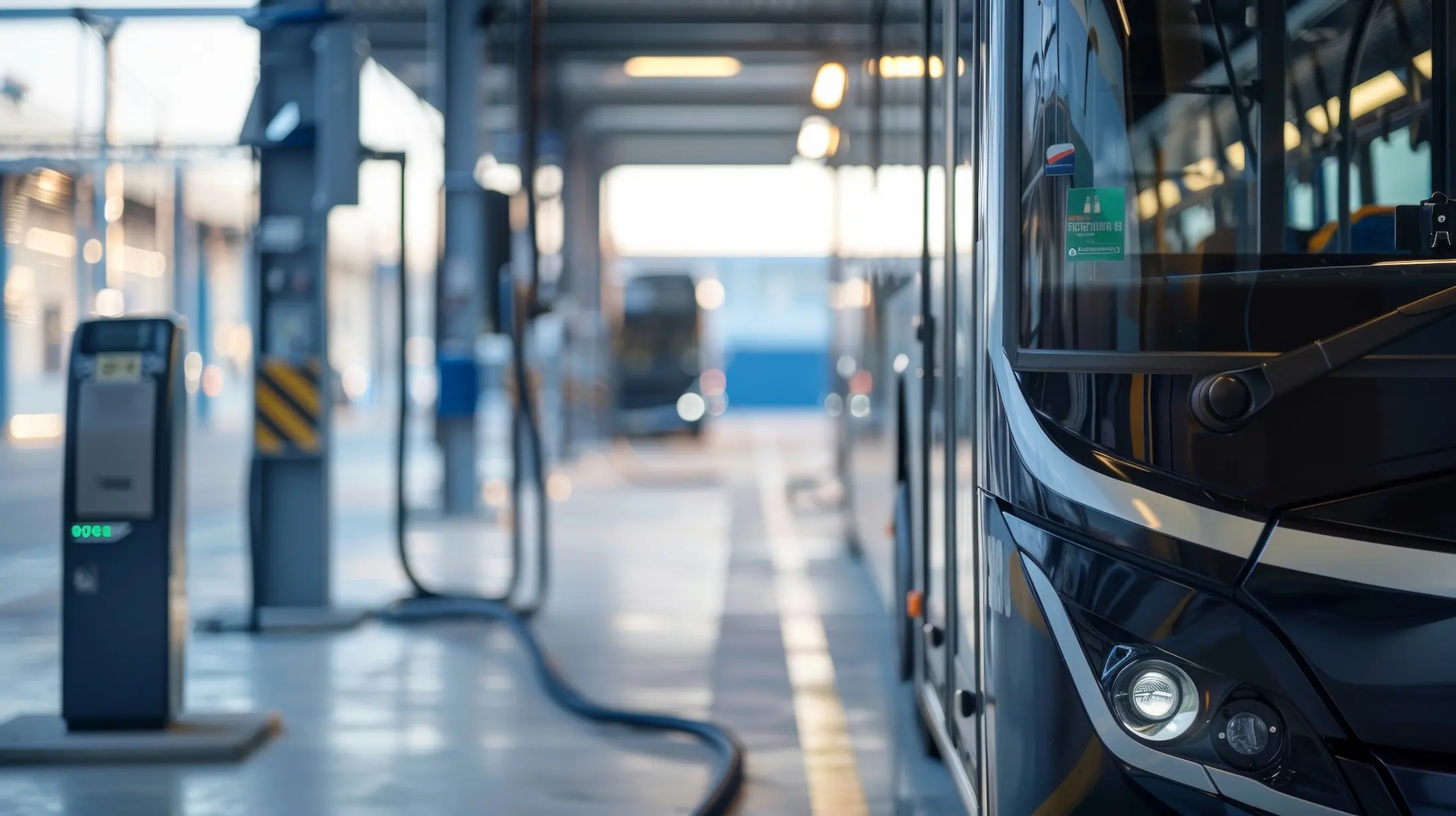 Electric bus plugged into a charging pedestal at a public transport depot, demonstrating Tenix Charge software managing the fleet charging session.