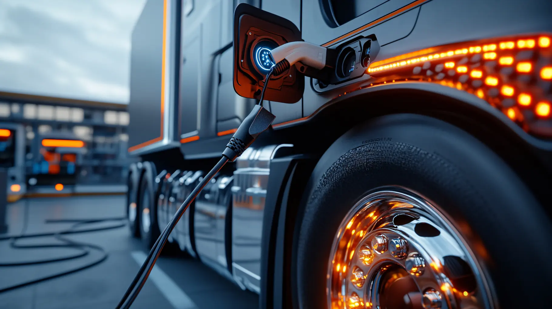 Complete Control of Mixed Truck Fleets Close-up of a heavy-duty electric truck being charged at a logistics depot, emphasizing Tenix's support for e-freight.