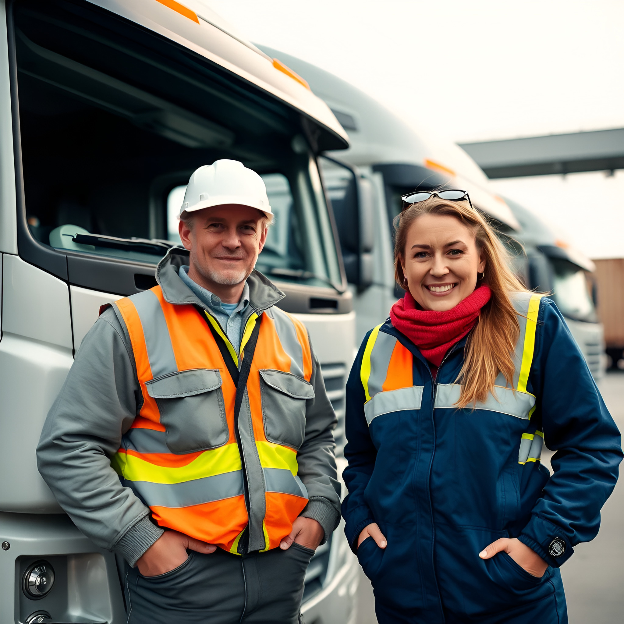 Two smiling transport managers, a man and a woman in safety gear, standing confidently in front of heavy-duty fleet trucks.