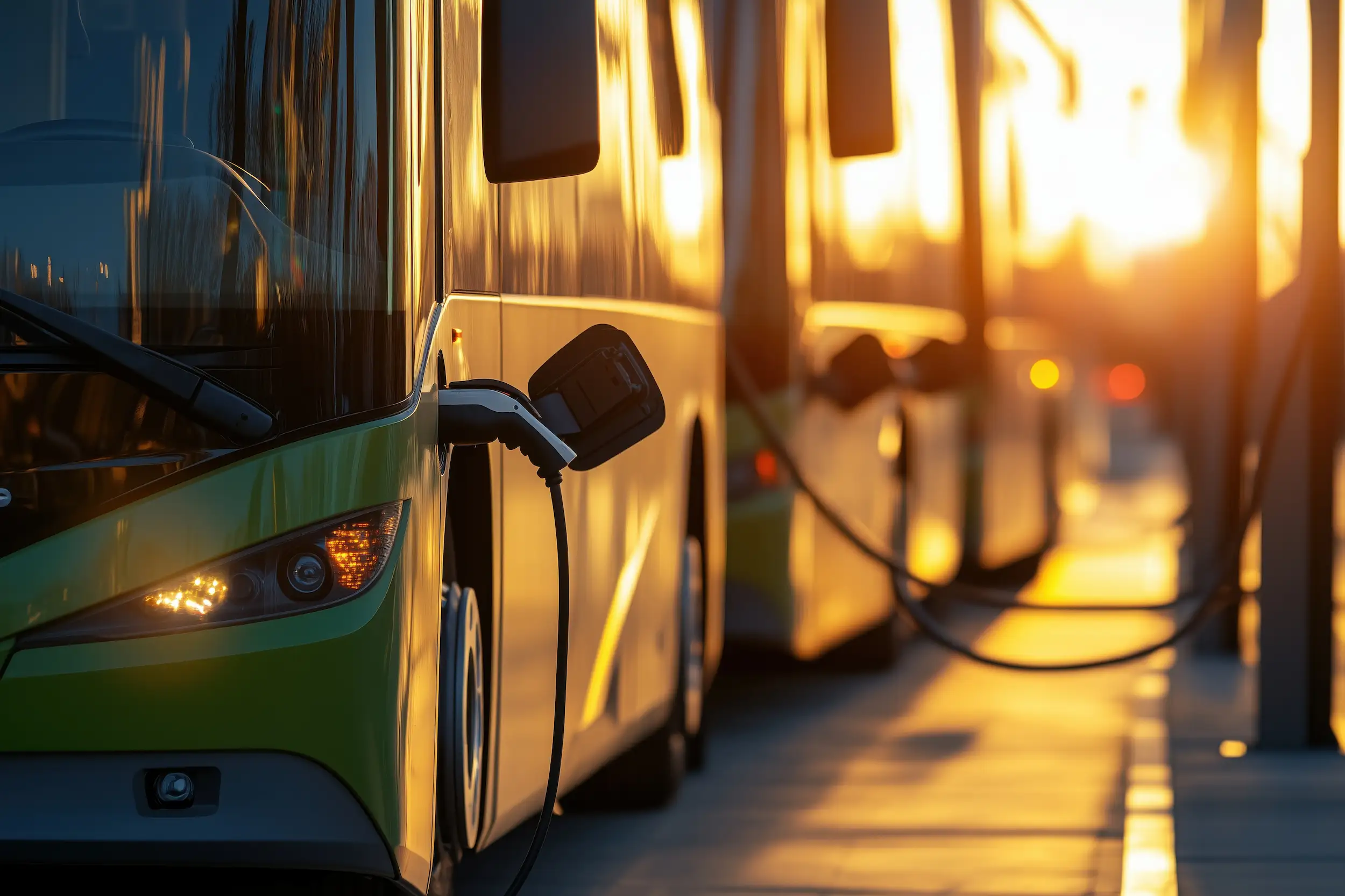 Electric bus plugged into a charger at sunset, illustrating Tenix smart charging operations for reducing energy bills.