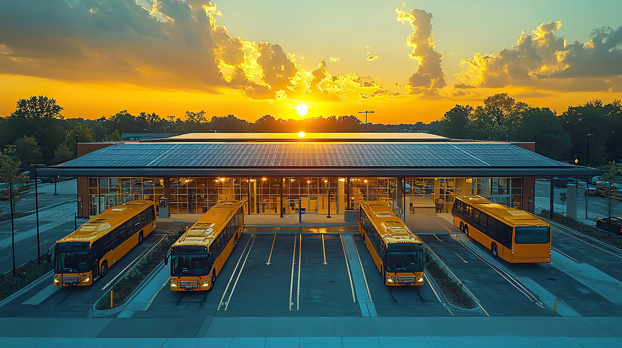 Modern, solar-powered bus depot with multiple electric buses ready for service, demonstrating Tenix Depot Management.