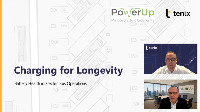 Webinar on battery health in electric bus operations with Tenix and PowerUp discussing charging impact on performance, degradation, and safety
